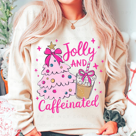 HOLLY JOLLY AND CAFFEINATED PINK TREE SWEATSHIRT