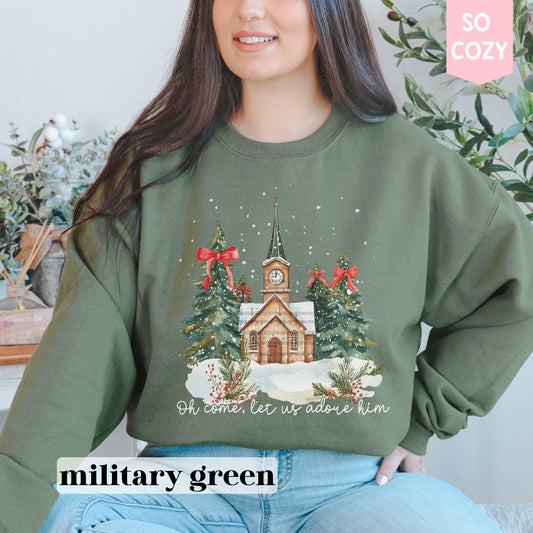 Oh Come Let Us Adore Him Church Christmas Sweatshirt