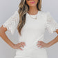 White Eyelet Pattern Short Sleeve Patchwork Ribbed Top